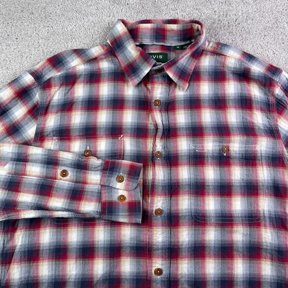 Orvis‎ Shirt Mens Medium Red Blue Plaid Crushed Herringbone Button Up Active Fit